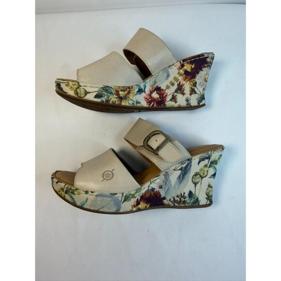 Born Wedge Sandal Womens Size 7M Off White Leather Floral Print Open Toe Shoes - Picture 6 of 12